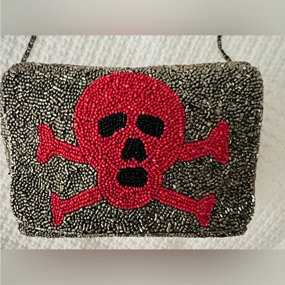 Moyna Skull & Crossbones Beaded Bag with Chain Strap